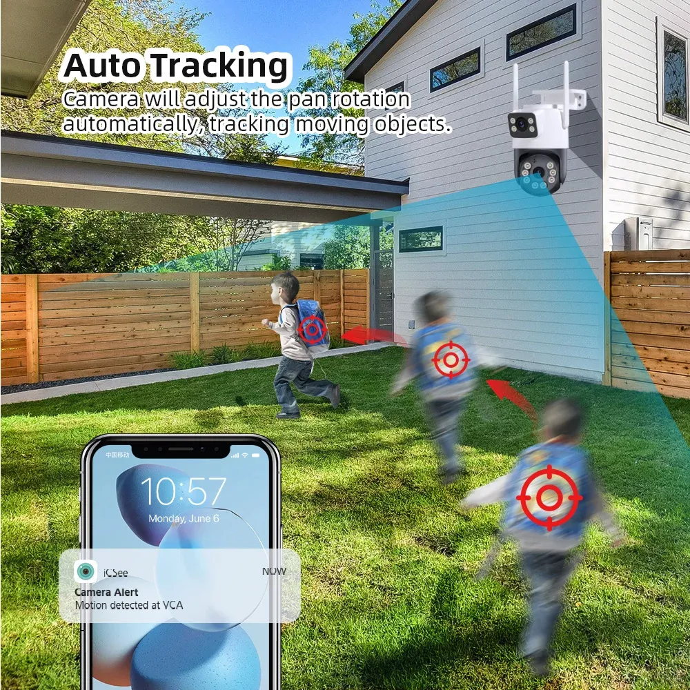 8MP 4K iCSee WiFi Camera PTZ Dual Screens Auto Tracking Night Vision CCTV Surveillance Camera Outdoor 6MP Security IP Camera
