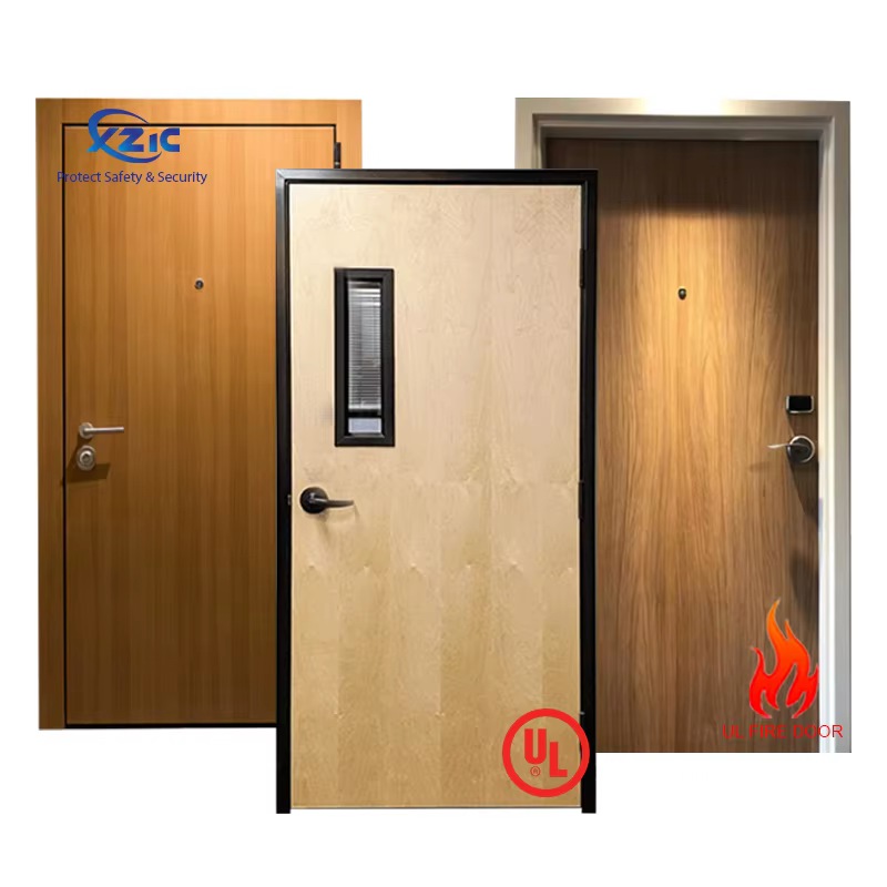 Customized Wooden fire doors 90 minutes fire rated door Hollow Metal Frame Wood Fire Door with Vision Glass