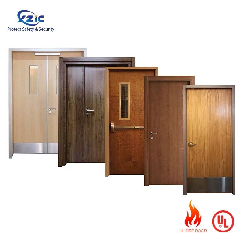 Customized Wooden fire doors 90 minutes fire rated door Hollow Metal Frame Wood Fire Door with Vision Glass