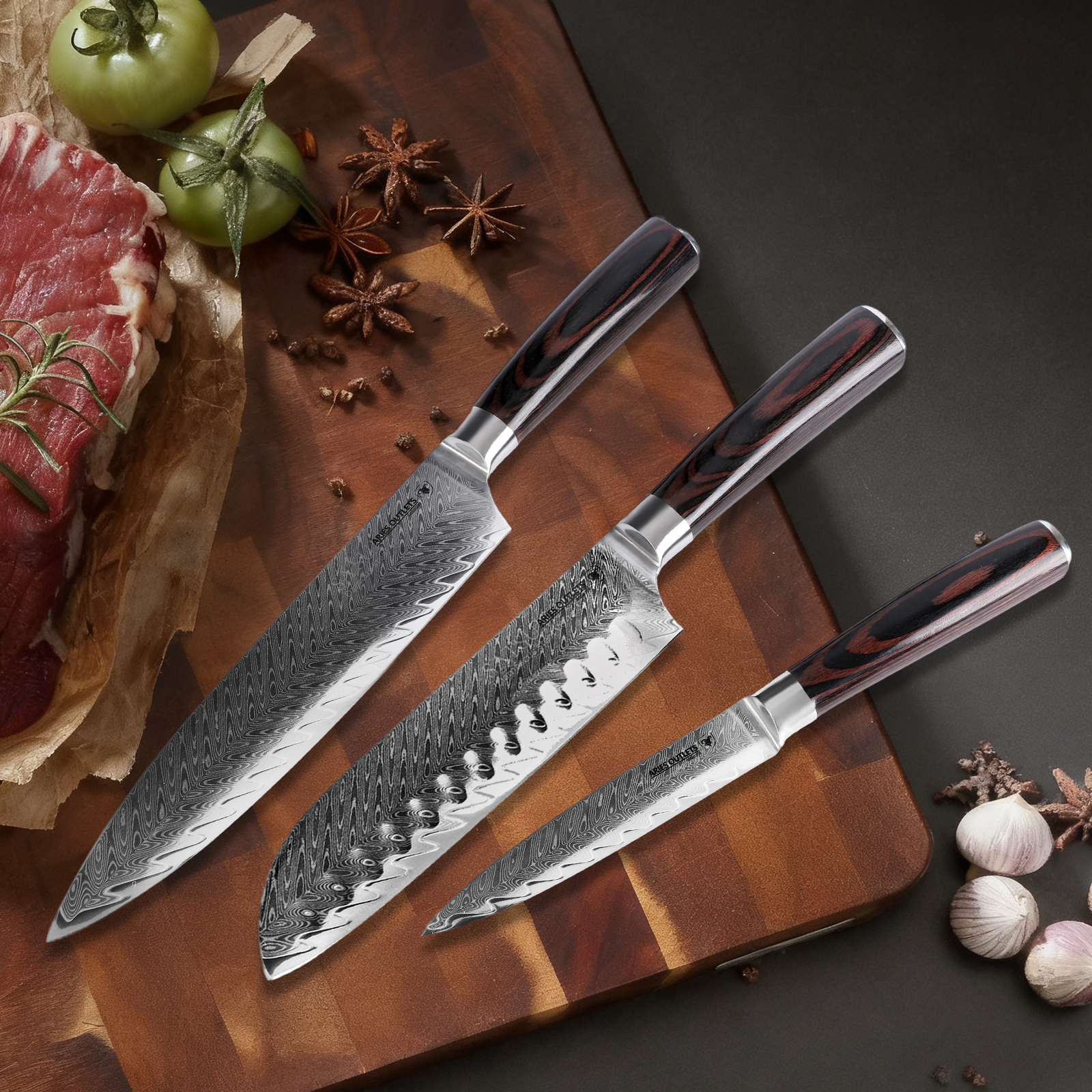 Aries Outlets 3-teiliges Profi-Kochmesserset aus Damaszener Stahl
