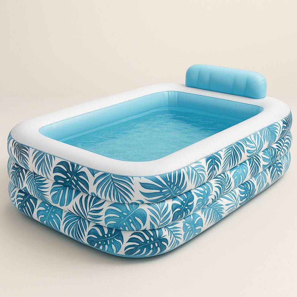 PVC-uima-allas selkänojatyynyllä, sininen/kasvikuvio, 262cm x 175cm x 56cm