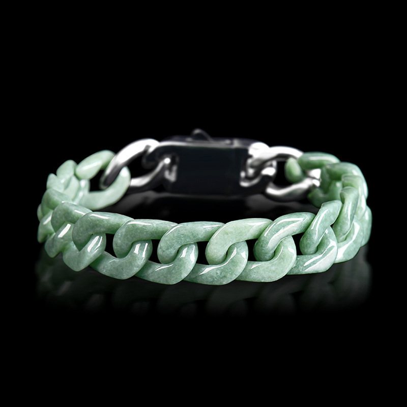 Natural Jade Bean Green Cuban Bracelet Jade Titanium Steel Hip Hop Style Personality Men And Women Trendy Jewelry
