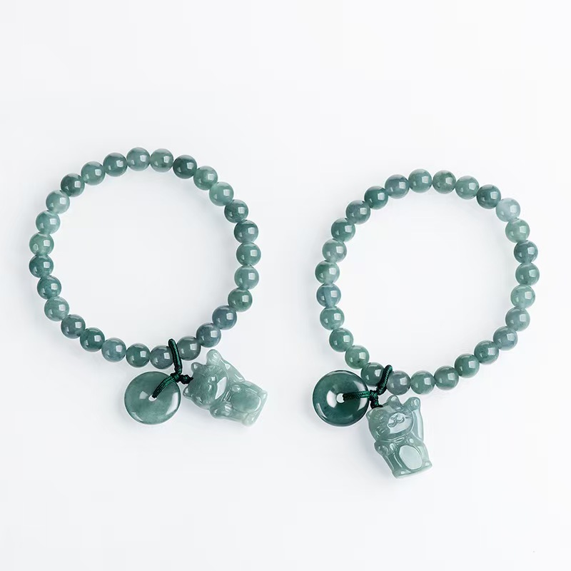 Jade "Blue Water" Bracelet Featuring Maneki Neko and Ping An Kou Charms