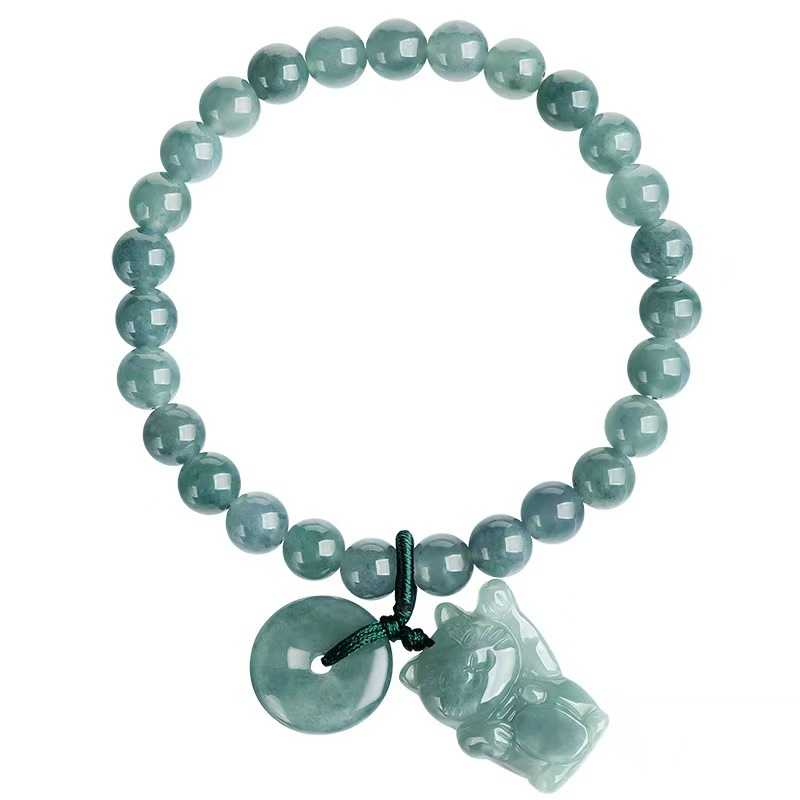 Jade "Blue Water" Bracelet Featuring Maneki Neko and Ping An Kou Charms