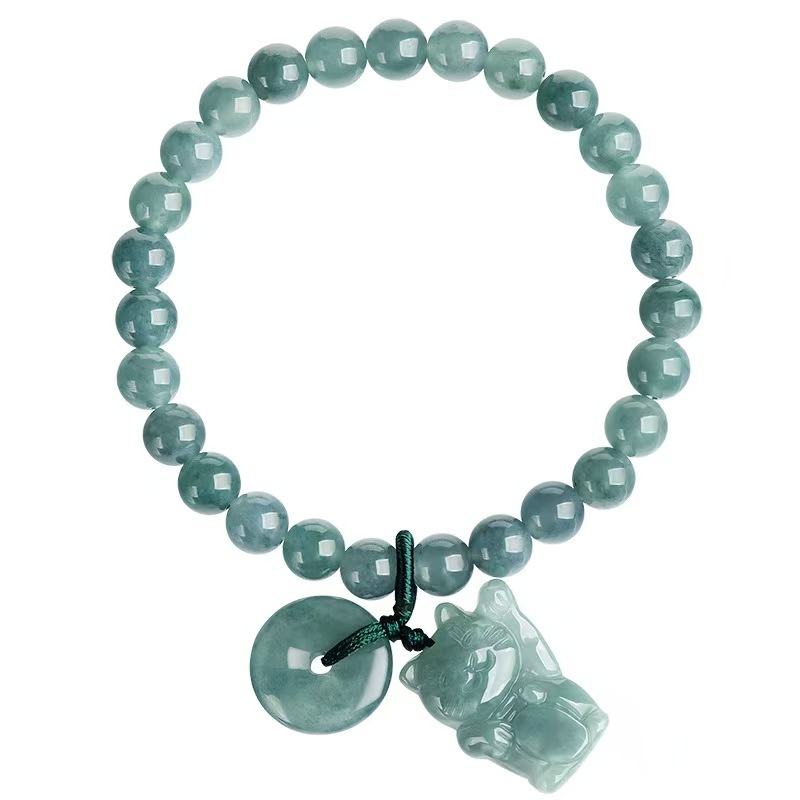 Jade "Blue Water" Bracelet Featuring Maneki Neko and Ping An Kou Charms