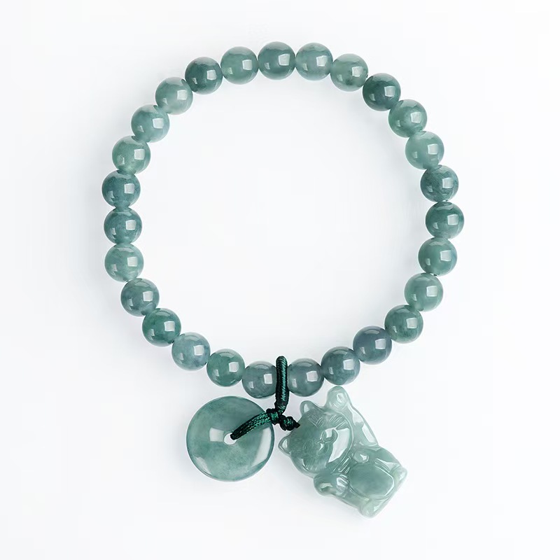 Jade "Blue Water" Bracelet Featuring Maneki Neko and Ping An Kou Charms