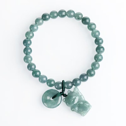 Jade "Blue Water" Bracelet Featuring Maneki Neko and Ping An Kou Charms