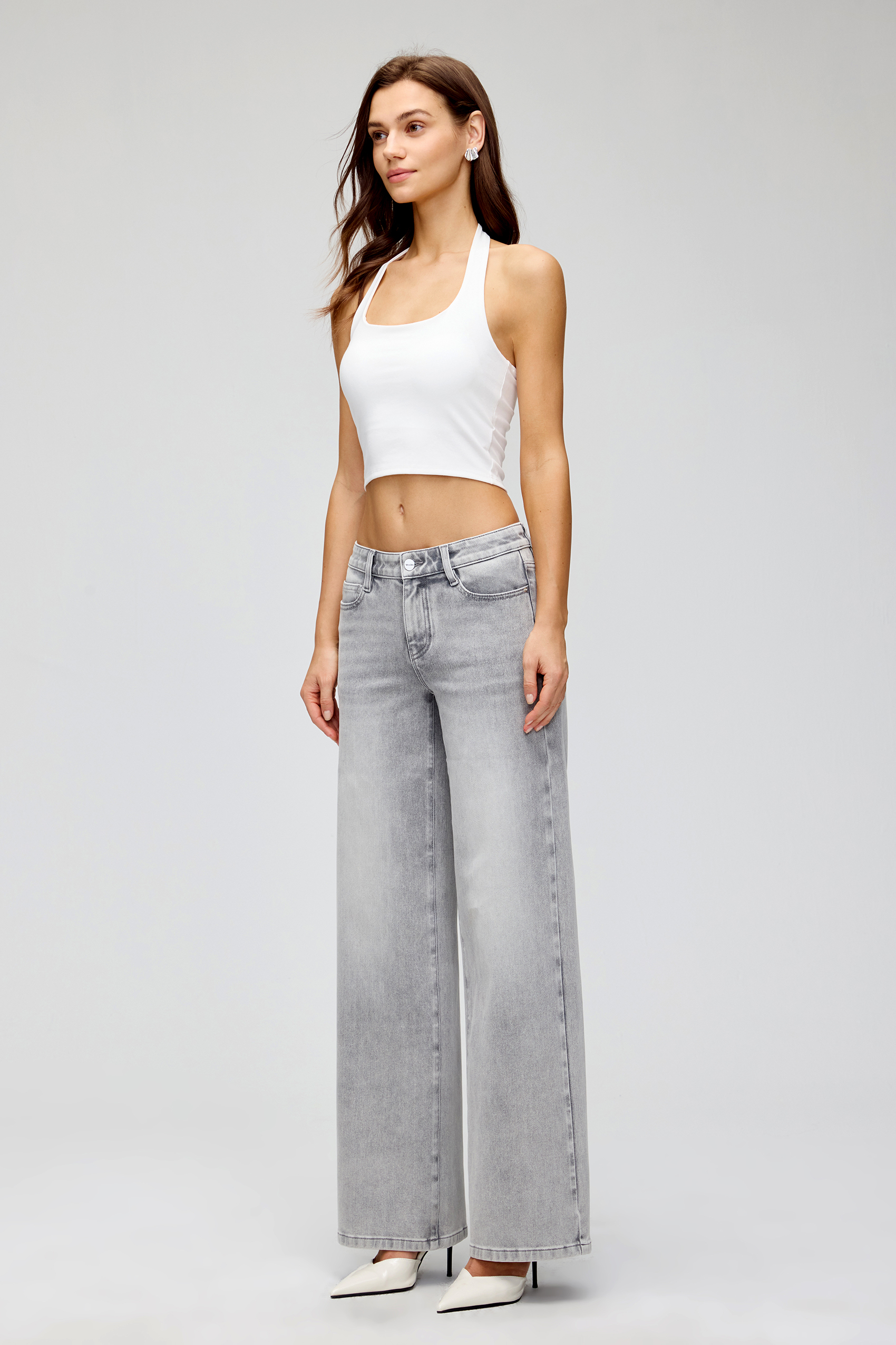 Vessira Women’s Gray Mid-Rise High-Stretch Wide-Leg Jeans