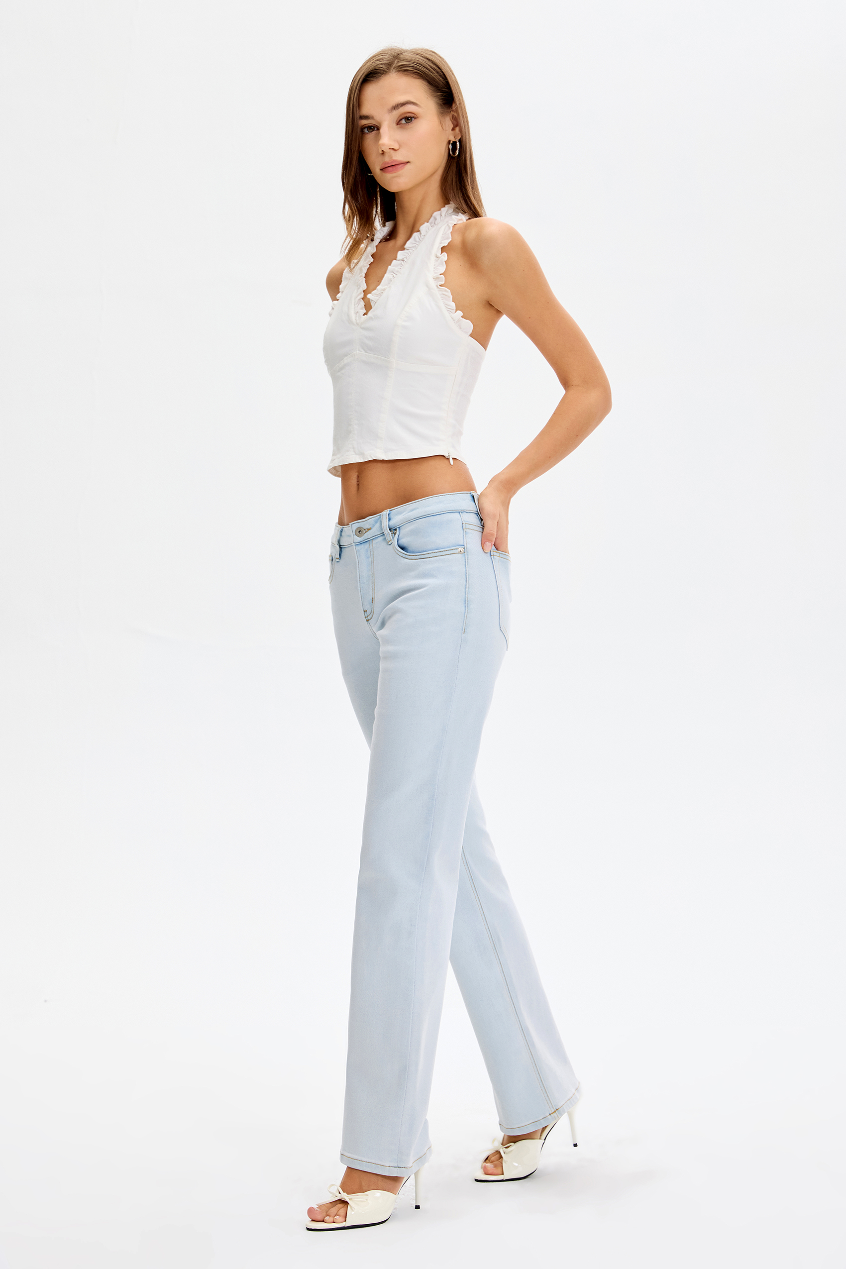 Vessira Light Blue Mid-Rise High-Stretch Flared Pants