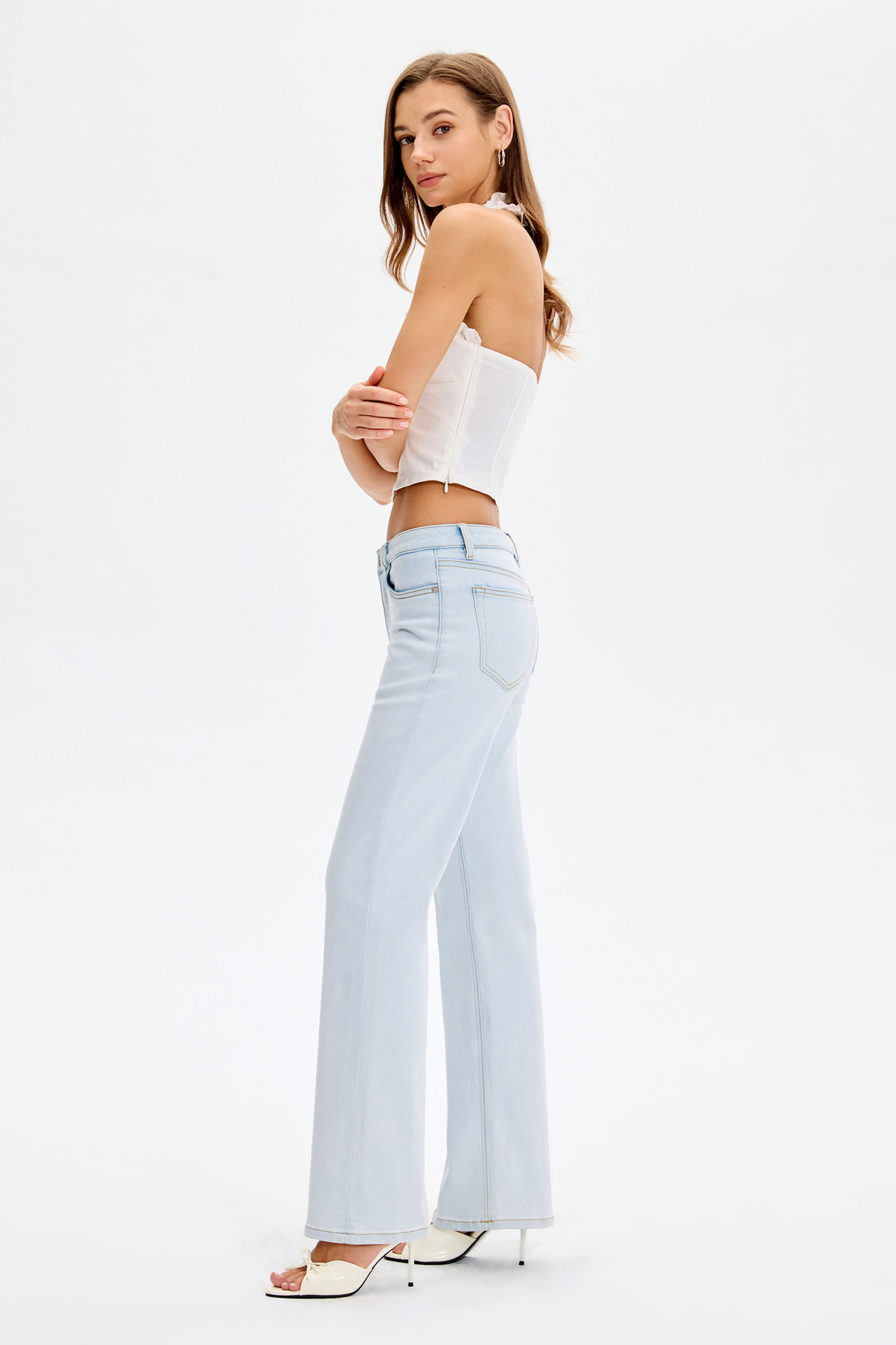 Vessira Light Blue Mid-Rise High-Stretch Flared Pants