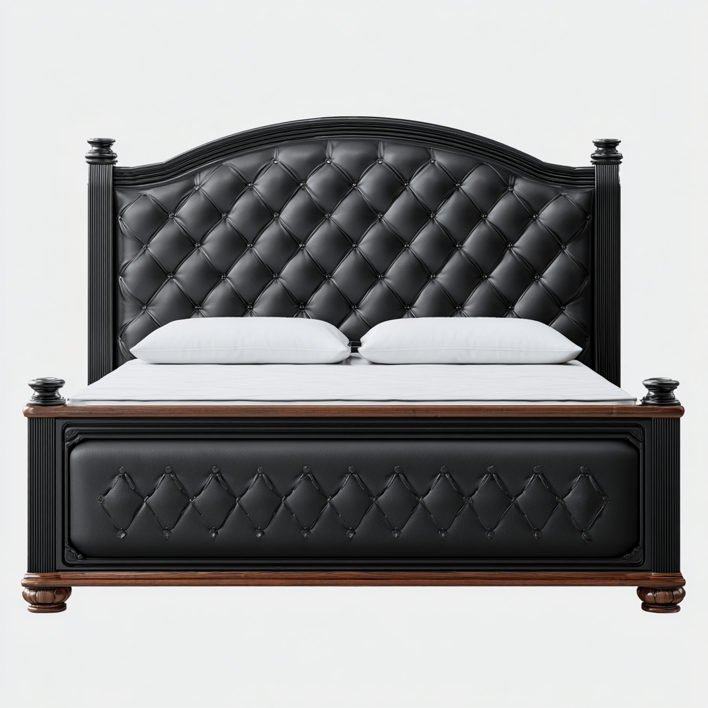 Doppelbett Kunstleder 210x190x125 cm - Schwarz-Braun - Klassisches Design mit Holzverzierung-Warmthive