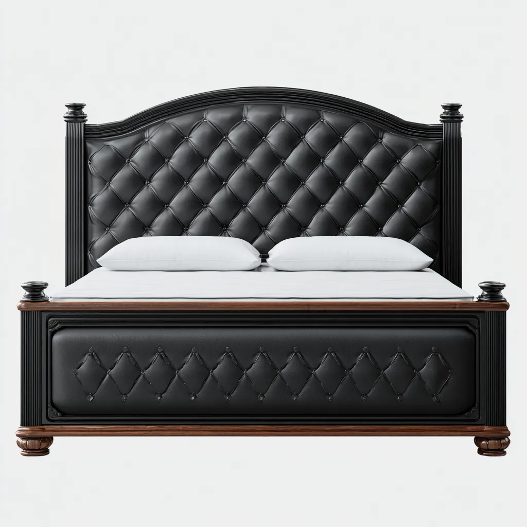 Doppelbett Kunstleder 210x190x125 cm - Schwarz-Braun - Klassisches Design mit Holzverzierung-Warmthive