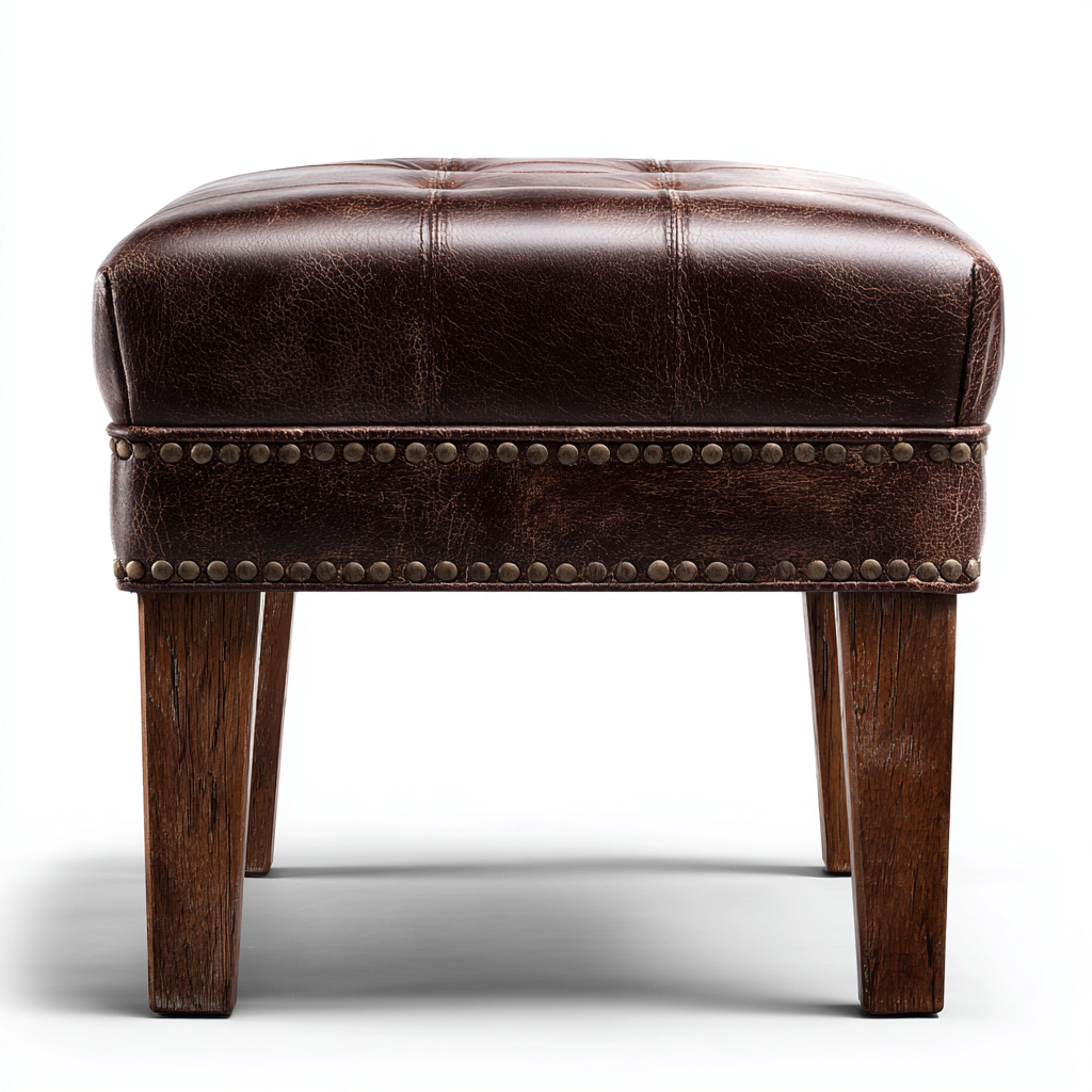 Fußhocker aus braunem Echtleder mit Holzbeinen - 45x45x40 cm - Vintage-Stil mit Nietenverzierung-Warmthive
