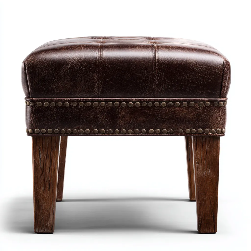 Fußhocker aus braunem Echtleder mit Holzbeinen - 45x45x40 cm - Vintage-Stil mit Nietenverzierung-Warmthive