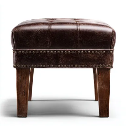 Fußhocker aus braunem Echtleder mit Holzbeinen - 45x45x40 cm - Vintage-Stil mit Nietenverzierung-Warmthive