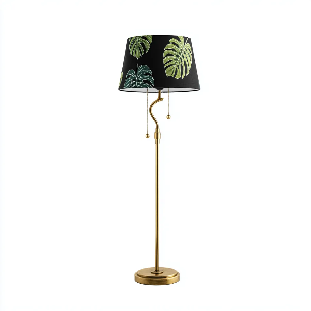 Stehlampe Metall Gold 35x35x160 cm - Schwarz Stoffschirm mit Blattmuster - Modernes Design