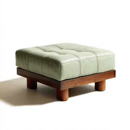 Fußhocker aus Massivholz mit grünem Lederpolster - 60x60x35 cm - modernes Design