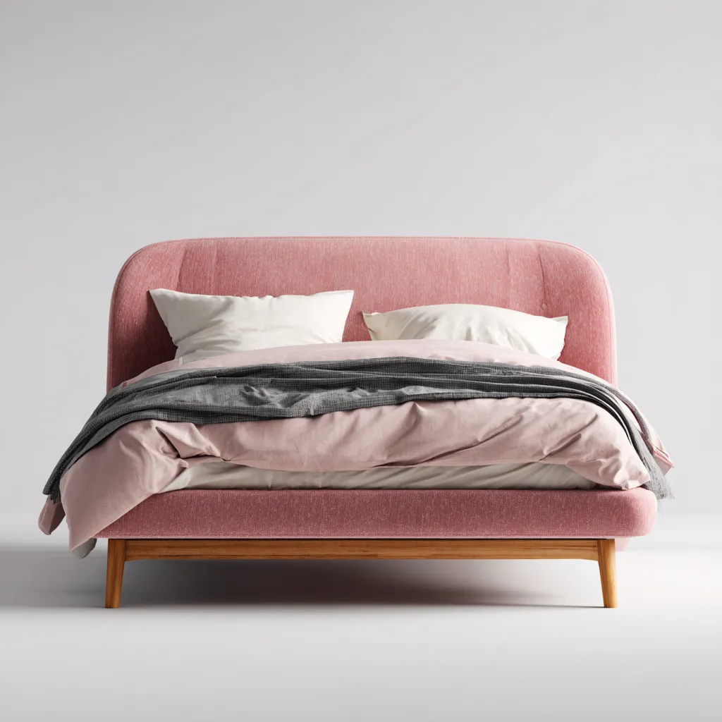 Doppelbett Stoff 205x185x105 cm - Rosa - Modernes Design mit Holzfüßen und abgerundetem Kopfteil-Warmthive