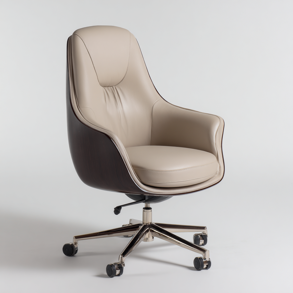 Bürostuhl aus Echtleder mit Holzrückseite - Beige - 65x63x95 cm - ergonomisch und höhenverstellbar - moderner Executive-Stil-Warmthive