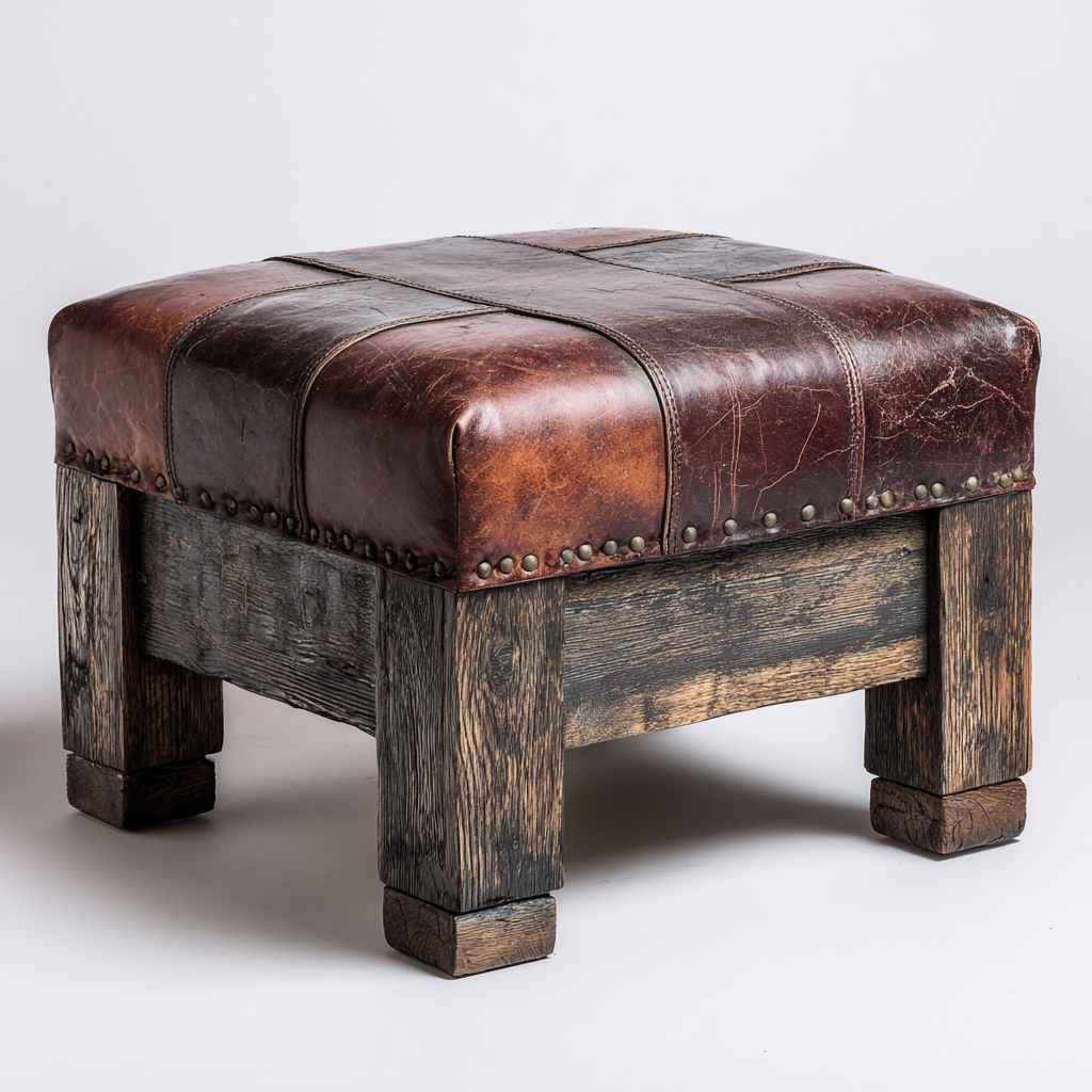 Fußhocker Echtleder und Massivholz 52x52x46 cm - Dunkelbraun - Rustikales Vintage Design