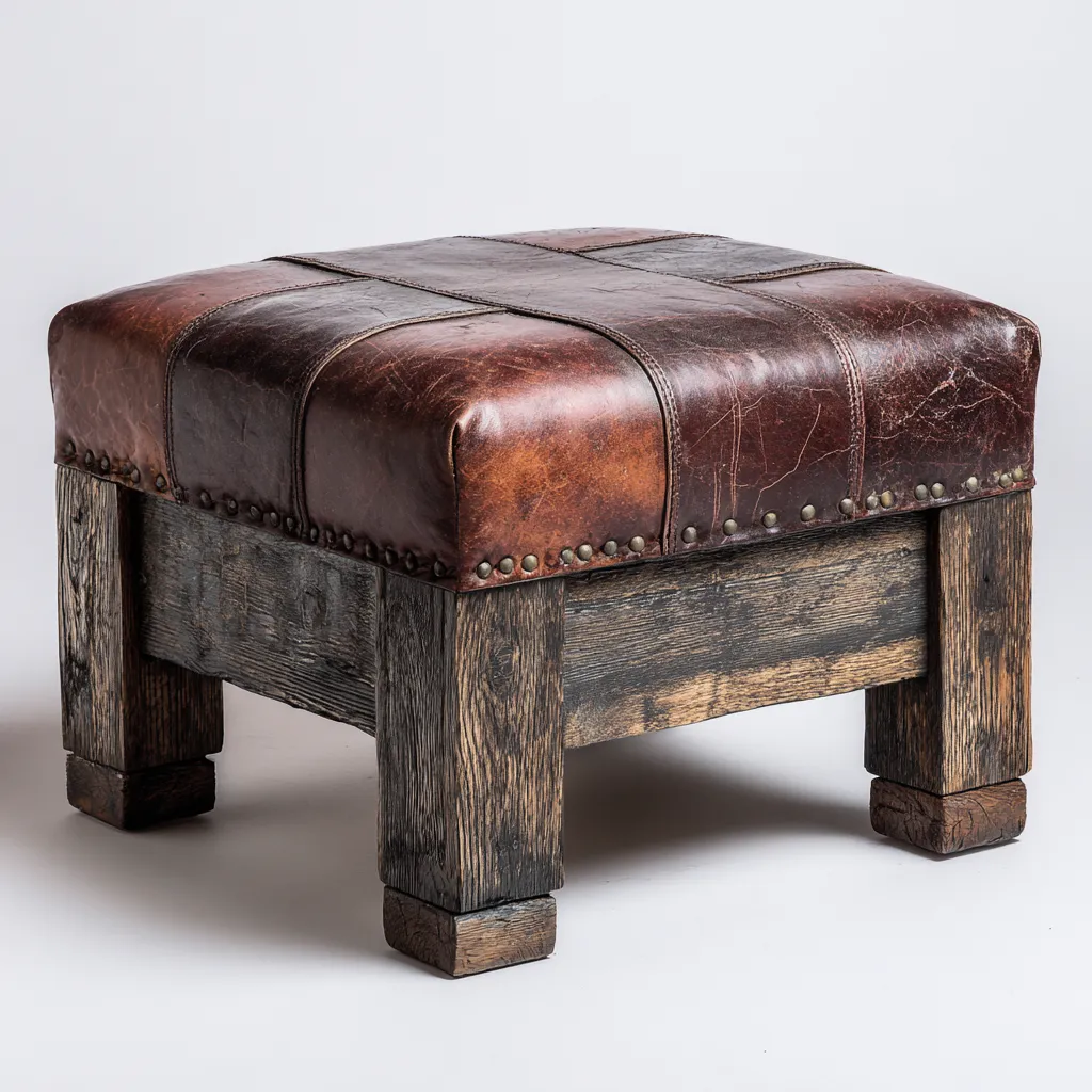 Fußhocker Echtleder und Massivholz 52x52x46 cm - Dunkelbraun - Rustikales Vintage Design