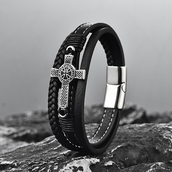 Viking Cross Braided Leather Bracelet