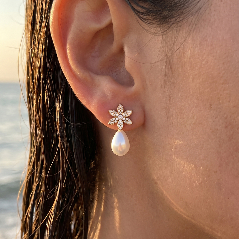 Floral Tear Pearl Earrings