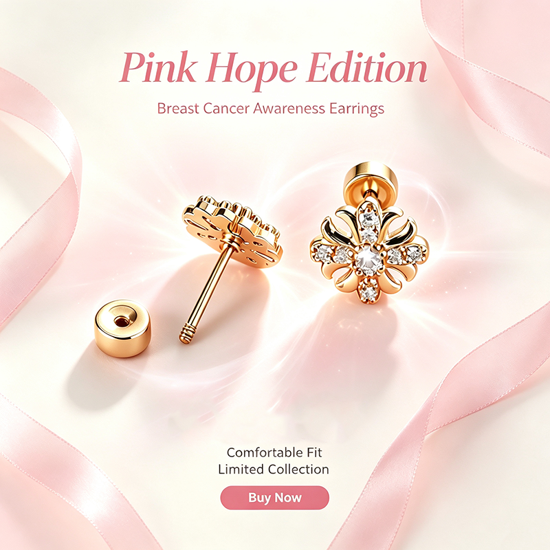 Support Breast Cancer Awareness |  Iris Flower CZ Titanium Screw‑Back Stud Earrings 