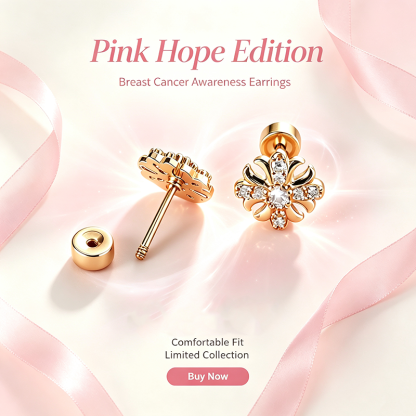 Support Breast Cancer Awareness |  Iris Flower CZ Titanium Screw‑Back Stud Earrings 