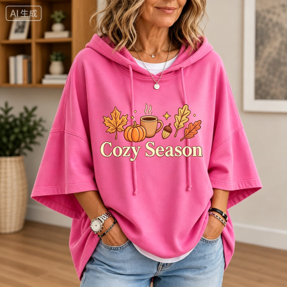 Cozy Season Fall Pumpkin Coffee Graphic Short Sleeve Hoodie, Autumn Maple Leaf 100% Cotton Casual Hooded Top