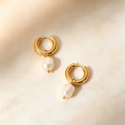 Gold Pearl Charm Huggies