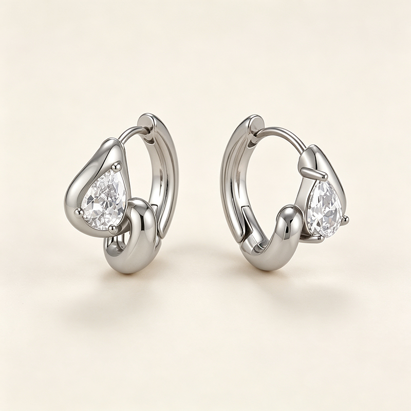 Teardrop CZ Twisted Huggie Hoop Earrings