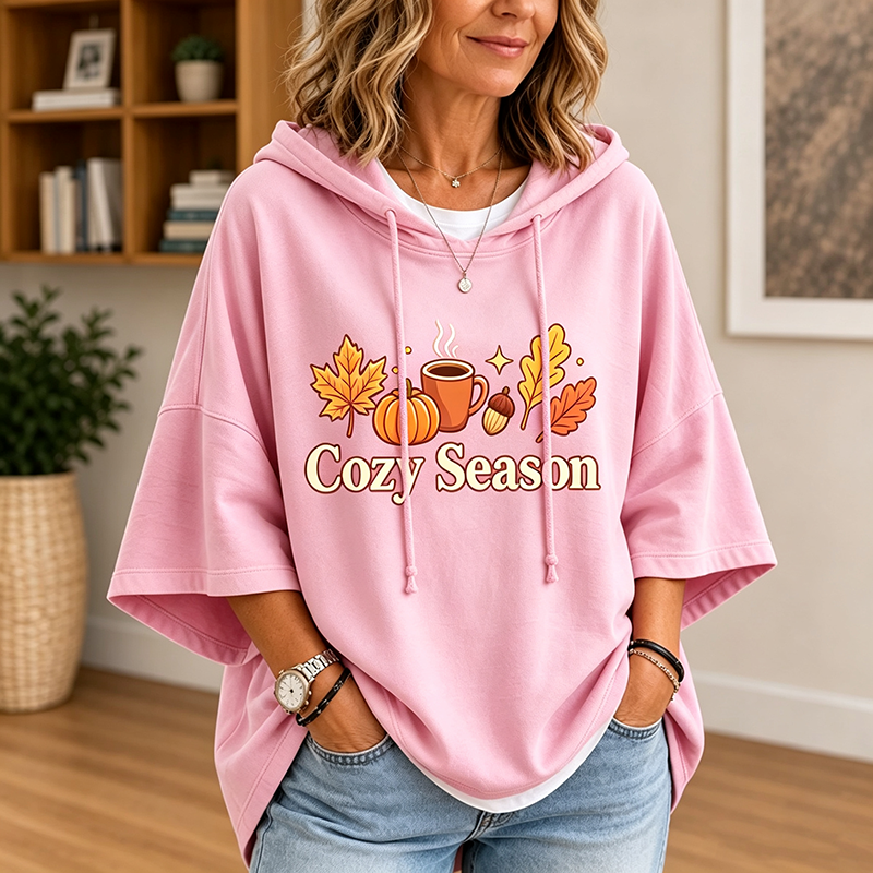 Cozy Season Fall Pumpkin Coffee Graphic Short Sleeve Hoodie, Autumn Maple Leaf 100% Cotton Casual Hooded Top