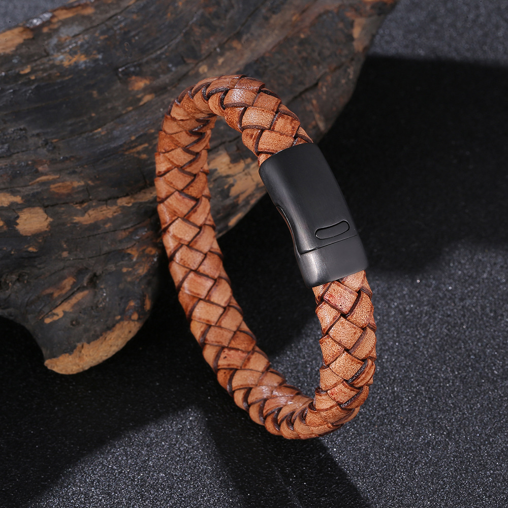 Viking Warrior Pattern Two-Tone Braided Leather Bracelet