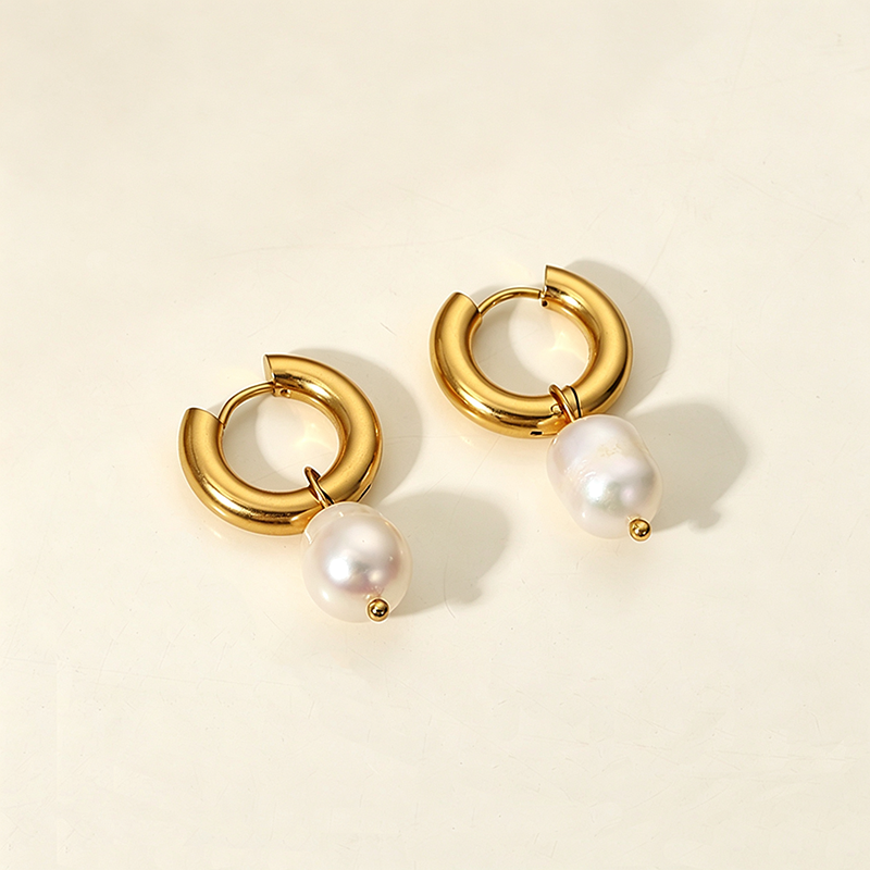 Gold Pearl Charm Huggies