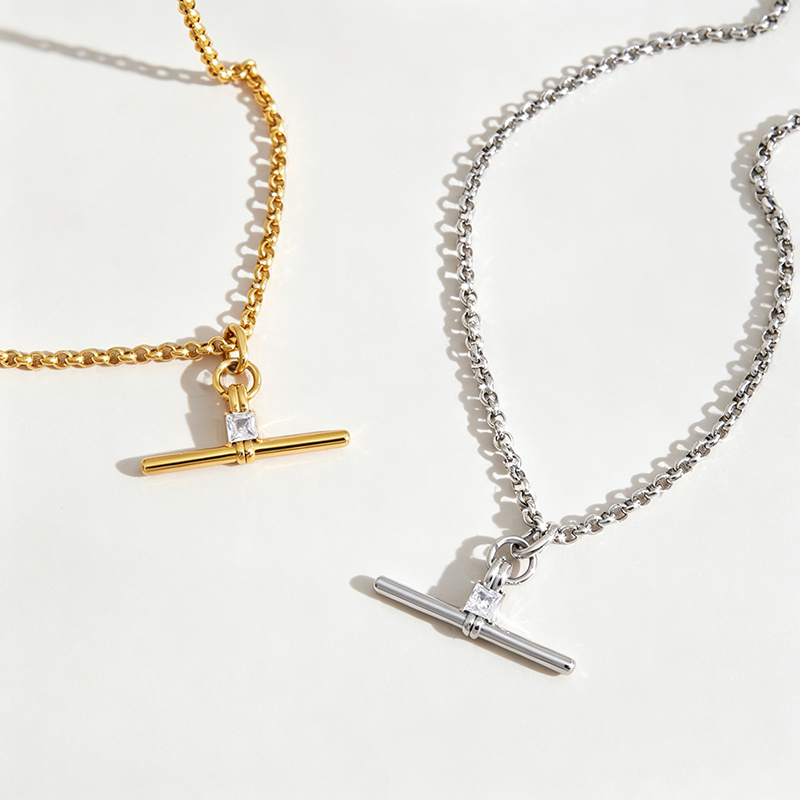 Square CZ OT T-Bar Necklace
