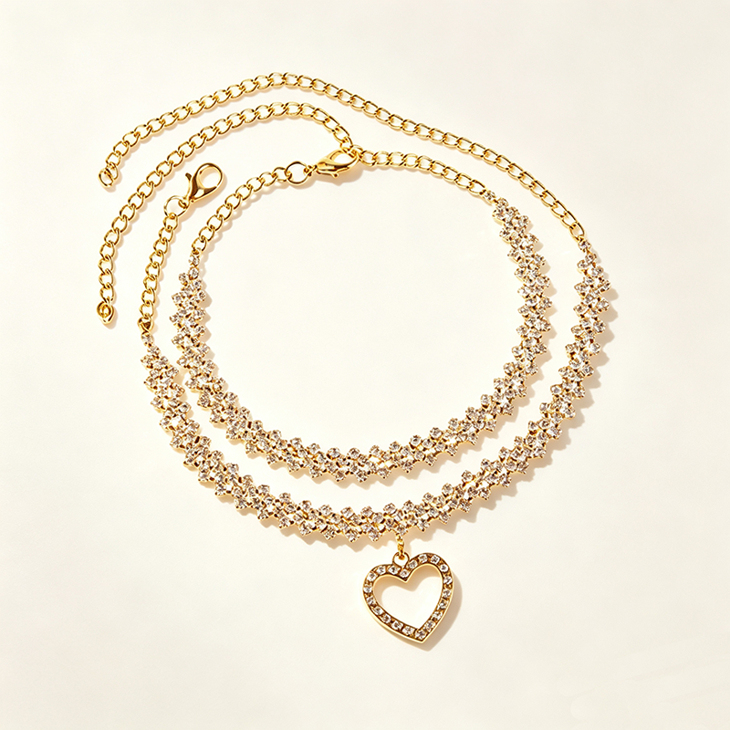 Elegant Multi-Layer Rhinestone Anklet with Heart Pendant