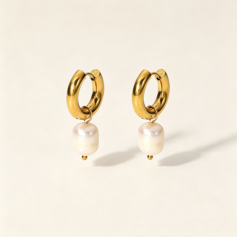 Gold Pearl Charm Huggies