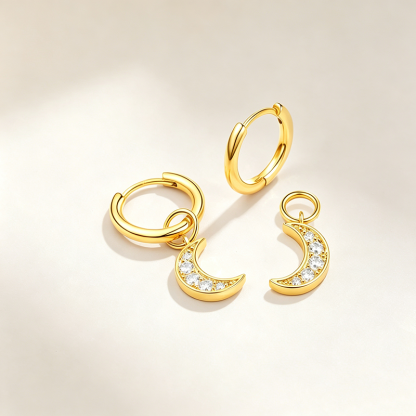 Gold Crescent Moon CZ Hoop Earrings