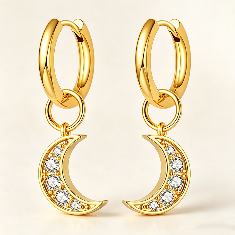 Gold Crescent Moon CZ Hoop Earrings
