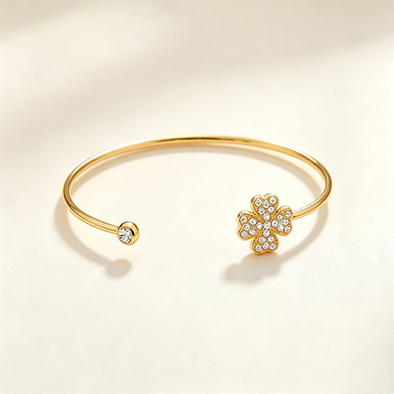 Lucky Four-Leaf Clover Paved Zircon Open Cuff Bangle