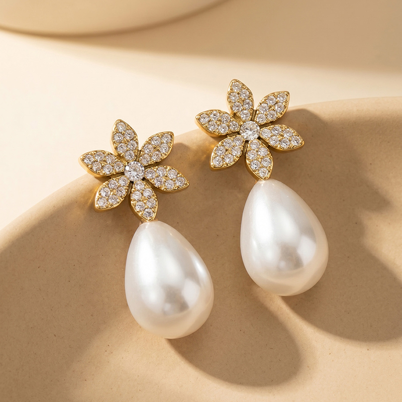 Floral Tear Pearl Earrings