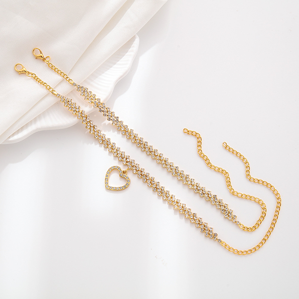 Elegant Multi-Layer Rhinestone Anklet with Heart Pendant