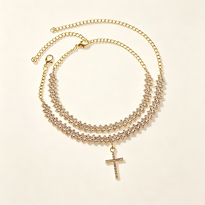Glam Crystal Cross Foot Jewelry – Trendy Layered Anklet