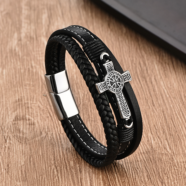 Viking Cross Braided Leather Bracelet