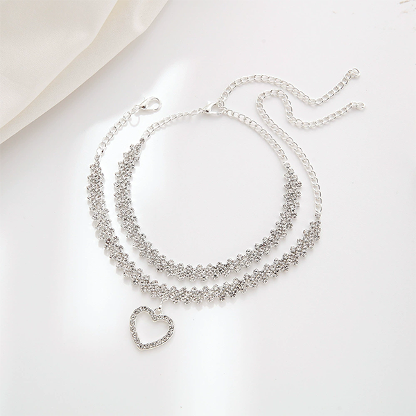 Elegant Multi-Layer Rhinestone Anklet with Heart Pendant