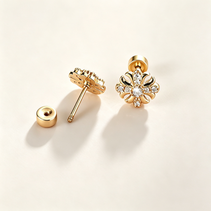 Support Breast Cancer Awareness |  Iris Flower CZ Titanium Screw‑Back Stud Earrings 