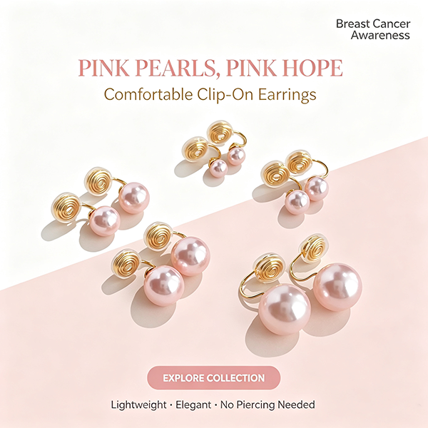 Support Breast Cancer Awareness | Hope Blush Pearl Studs / Hope Blush Pearl Clip Ear Cuffs