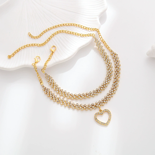 Elegant Multi-Layer Rhinestone Anklet with Heart Pendant