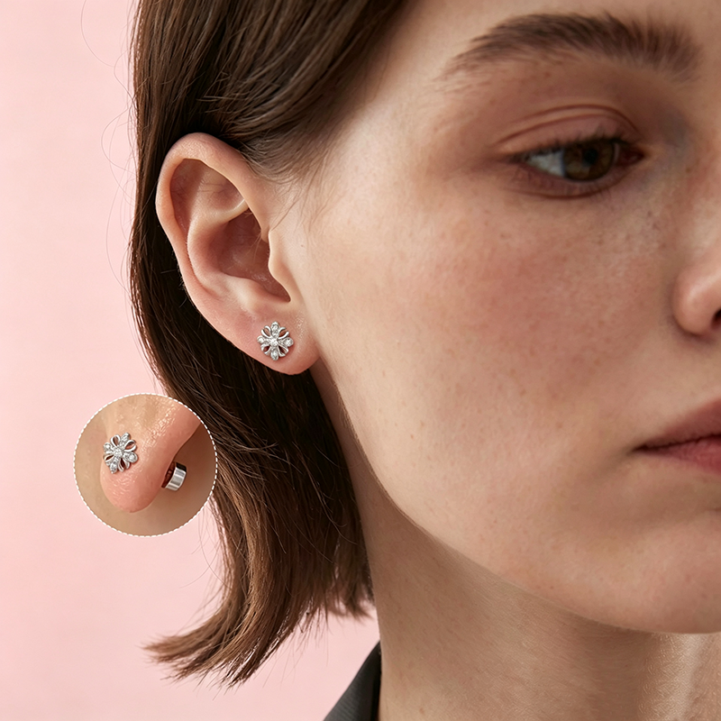 Support Breast Cancer Awareness |  Iris Flower CZ Titanium Screw‑Back Stud Earrings 